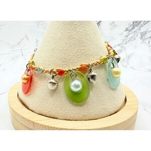 Colorful Faux Pearl Charm Bracelet Yellow Woven Cord Adjustable 6.5–8 Inch
